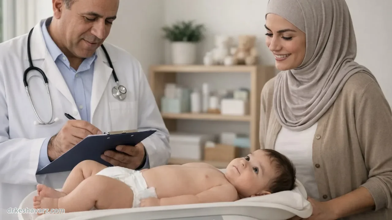دکتر کشاورز در حال وزن کردن نوزاد در کنار مادر